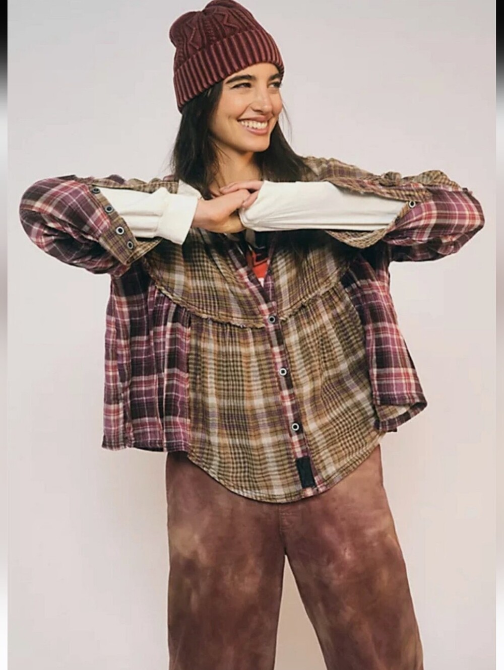 #27 Free People Plaid Patchwork Button-Down Shirt in Burgundy and Brown